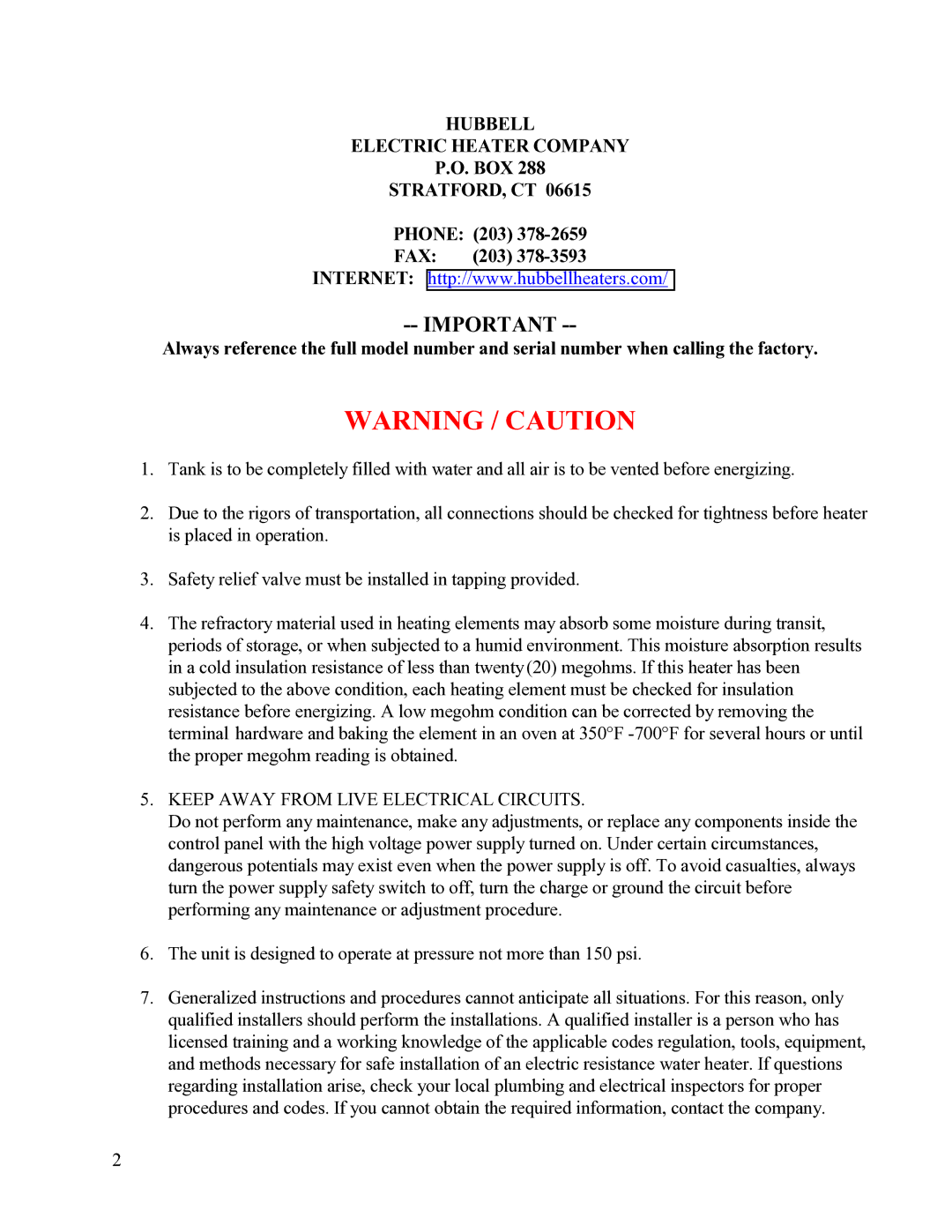 Hubbell Electric Heater Company SE manual Hubbell Electric Heater Company, Box, Stratford, Ct 