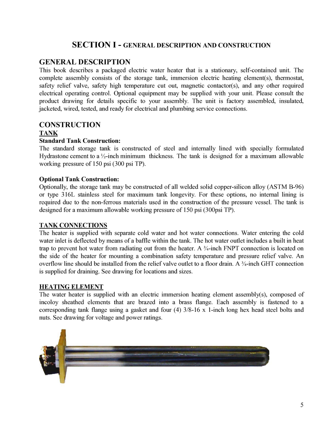 Hubbell Electric Heater Company SE Section I General Description and Construction, Tank Connections, Heating Element 