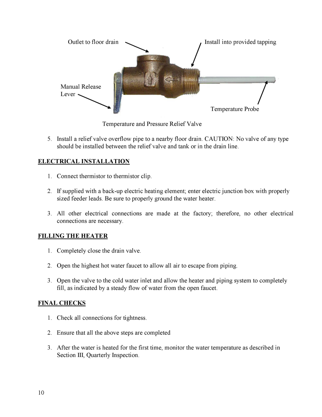 Hubbell Electric Heater Company SLN manual Electrical Installation, Filling the Heater, Final Checks 