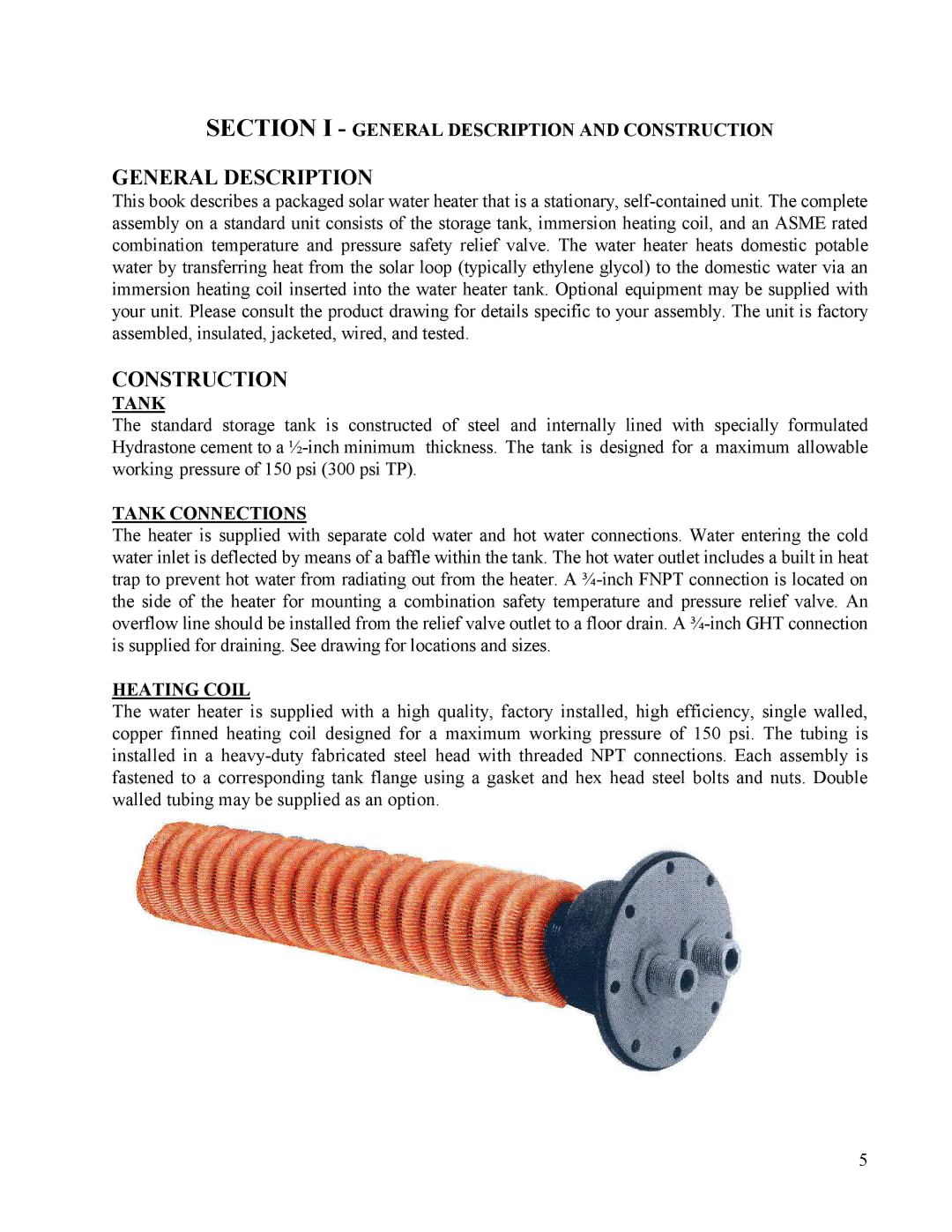 Hubbell Electric Heater Company SLN Section I General Description and Construction, Tank Connections, Heating Coil 