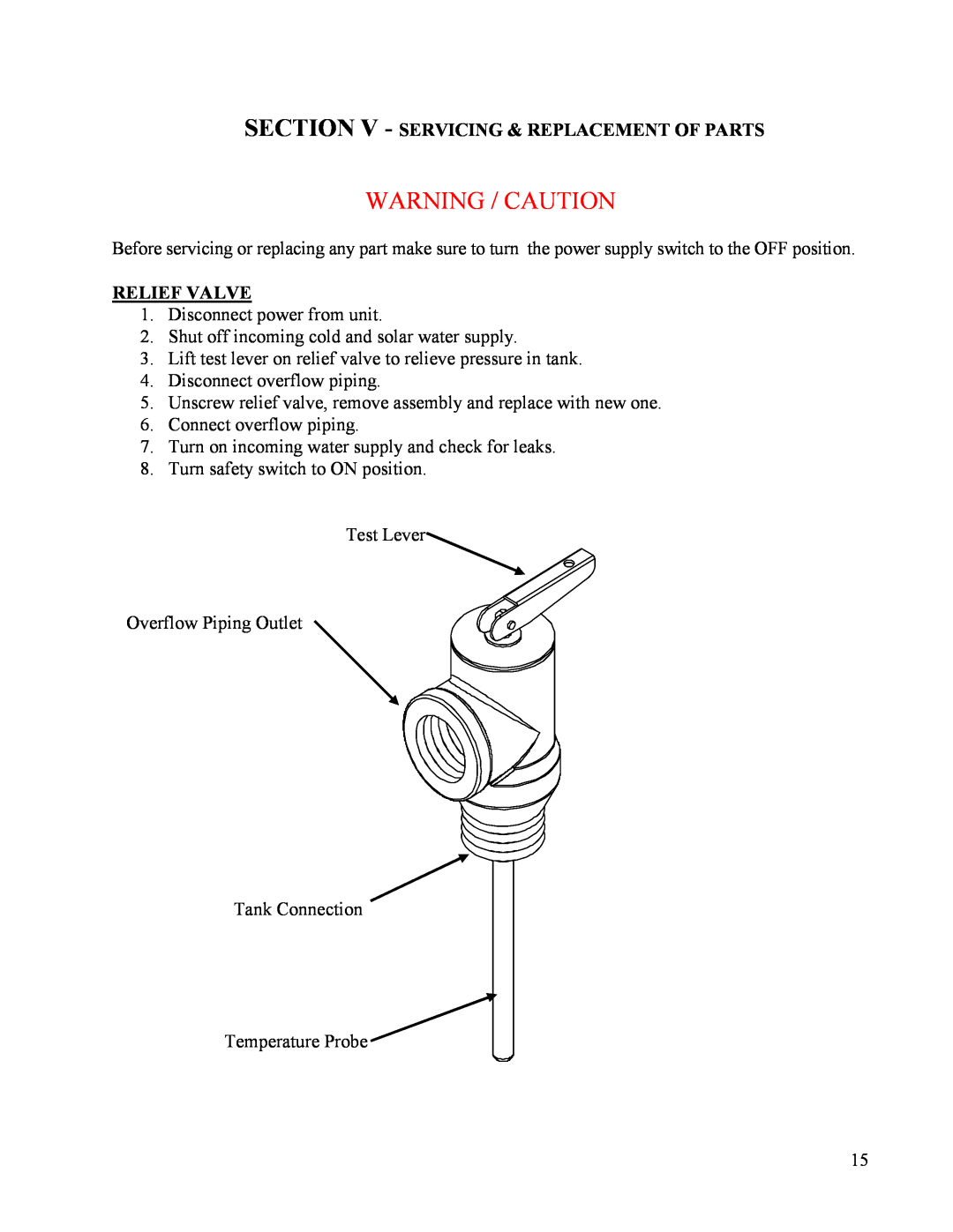 Hubbell Electric Heater Company SLN manual Section V - Servicing & Replacement Of Parts, Relief Valve, Warning / Caution 