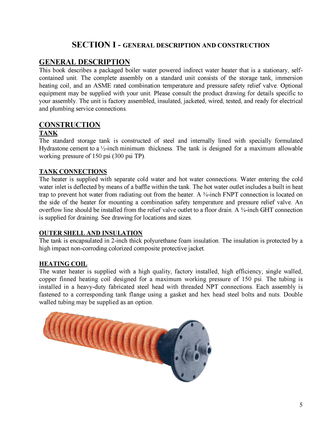 Hubbell Electric Heater Company Section I General Description and Construction, Tank Connections, Heating Coil 