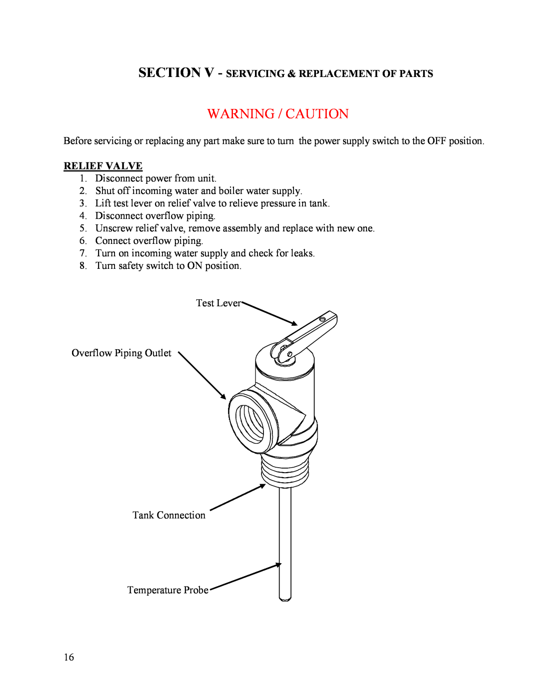 Hubbell Electric Heater Company T manual Section V - Servicing & Replacement Of Parts, Relief Valve, Warning / Caution 