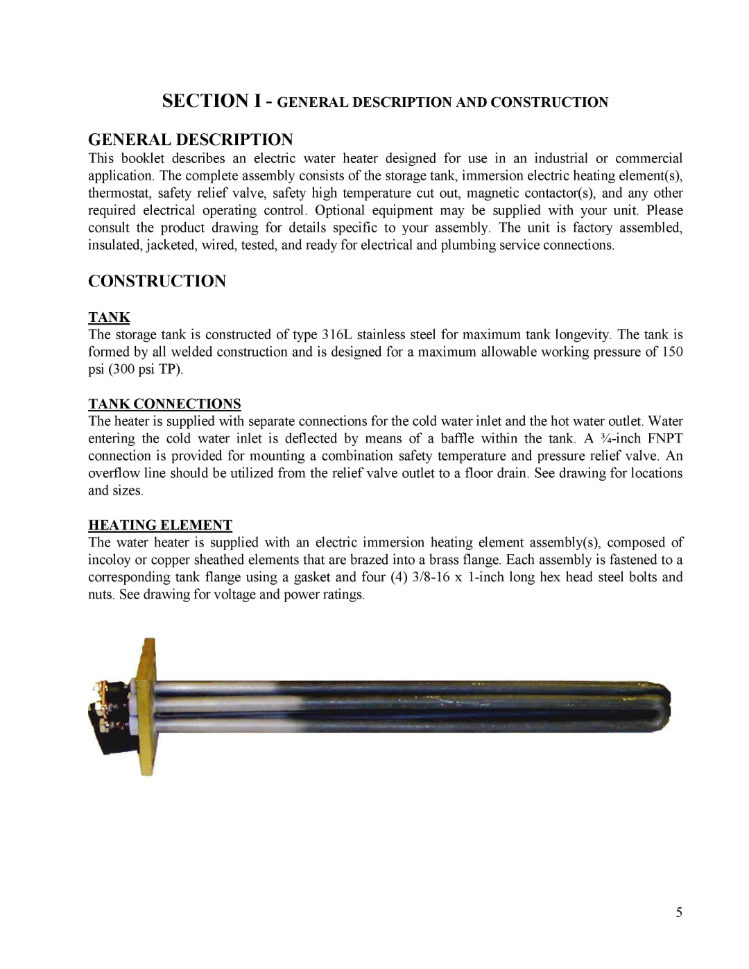 Hubbell Electric Heater Company V10 Section I General Description and Construction, Tank Connections, Heating Element 