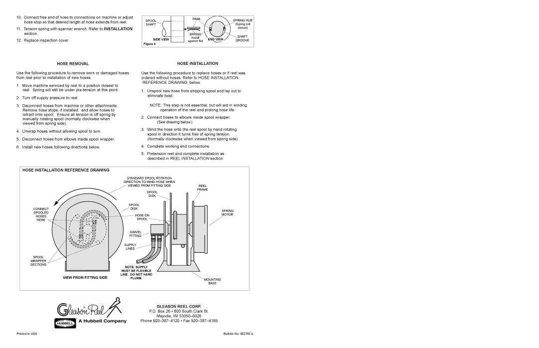 Hubbell K-18 manual Hose Removal, Hose Installation Reference Drawing, Gleason Reel Corp 