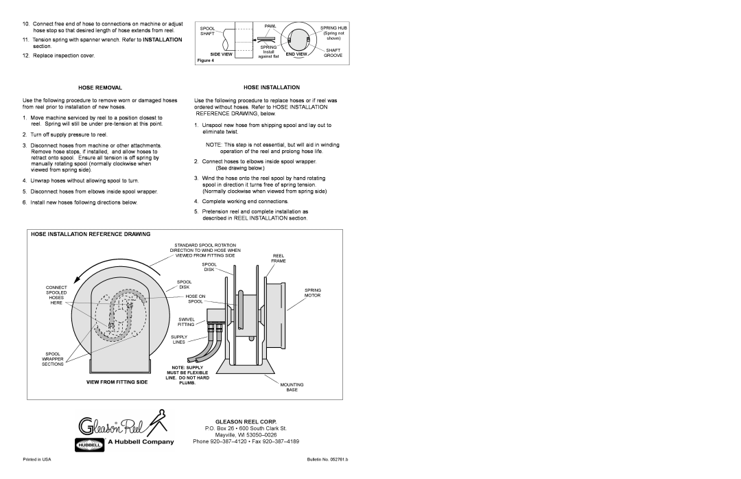 Hubbell K-18 manual Hose Removal, Hose Installation Reference Drawing, Gleason Reel Corp 