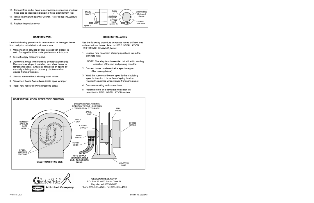 Hubbell K-28 manual Hose Removal, Hose Installation Reference Drawing, Gleason Reel Corp 