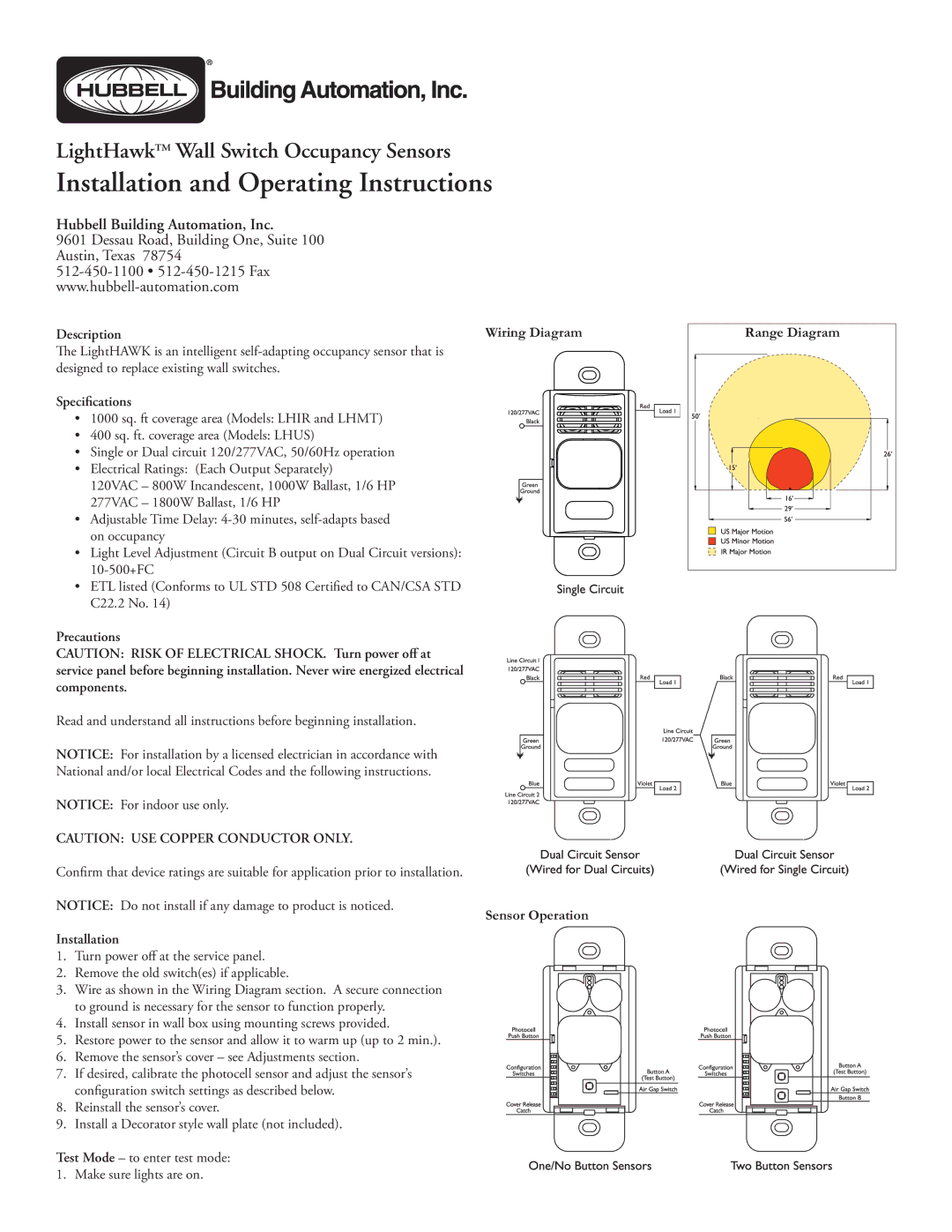 Hubbell LHIR, LHMT, LHUS specifications Description, Speciﬁcations, Precautions, Installation 