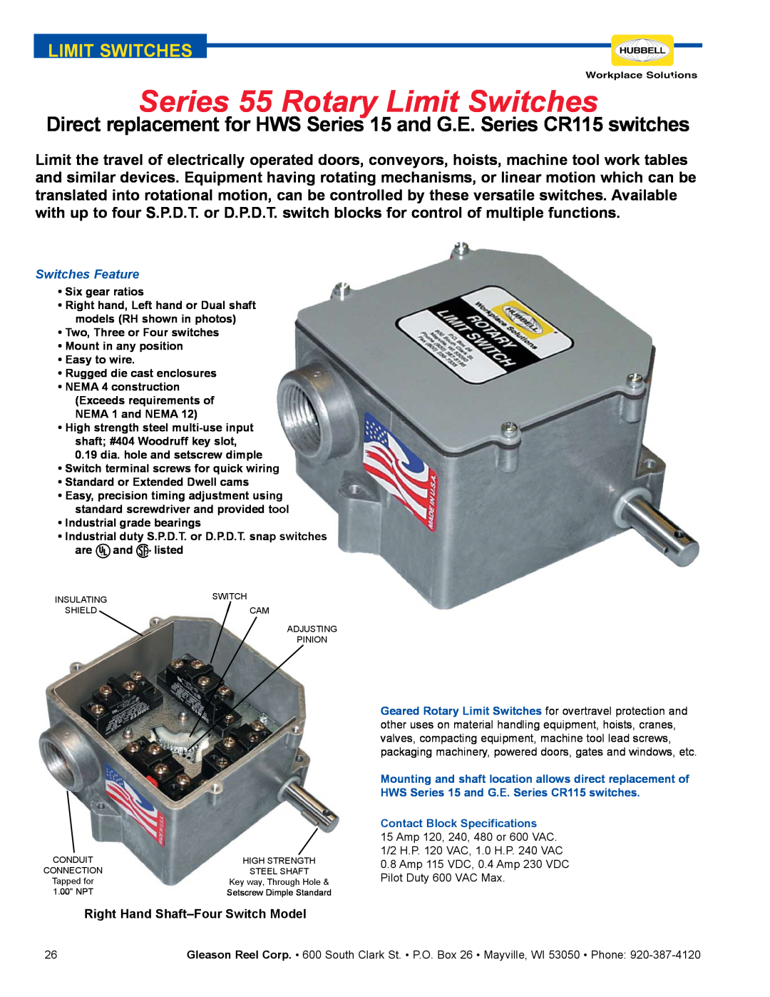 Hubbell specifications Series 55 Rotary Limit Switches, Switches Feature, Right Hand Shaft-Four Switch Model 