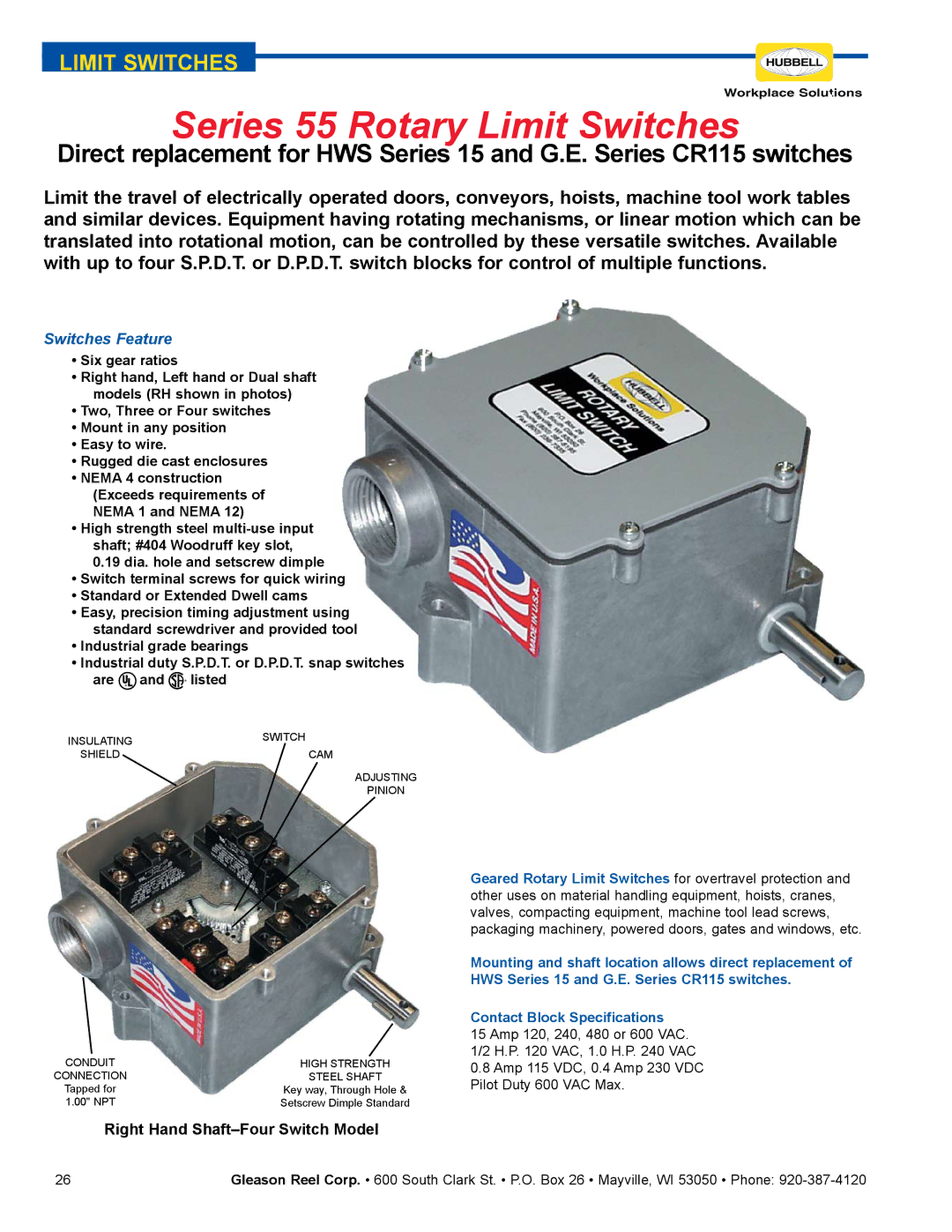 Hubbell specifications Series 55 Rotary Limit Switches 