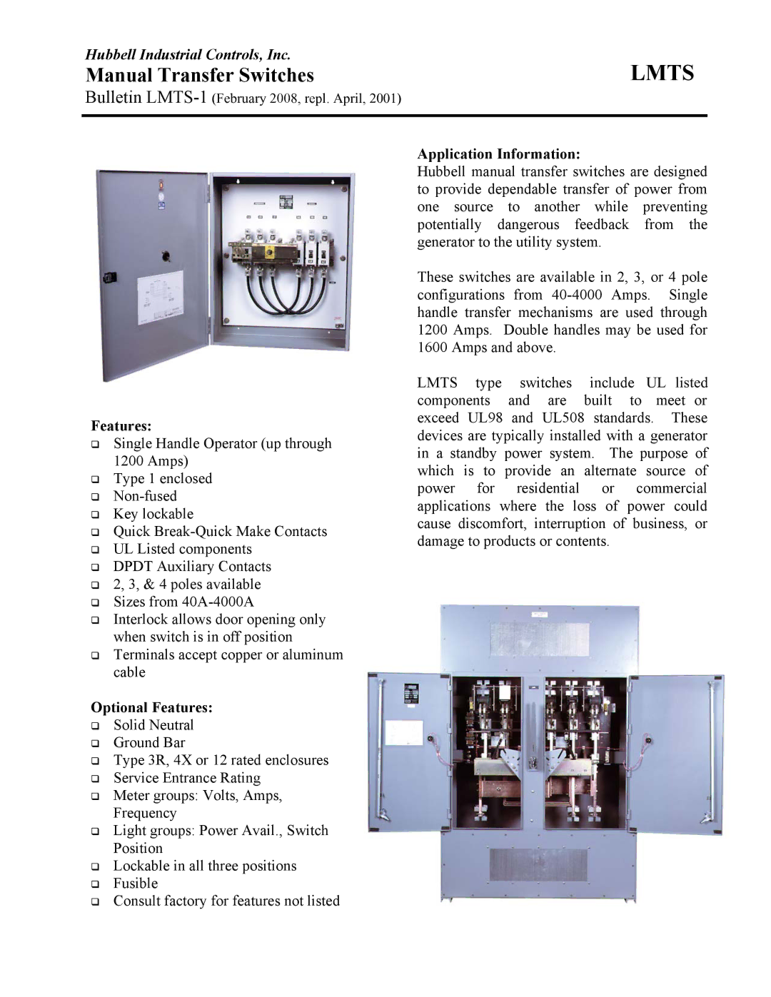 Hubbell LMTS manual Lmts, Manual Transfer Switches, Optional Features, Application Information 