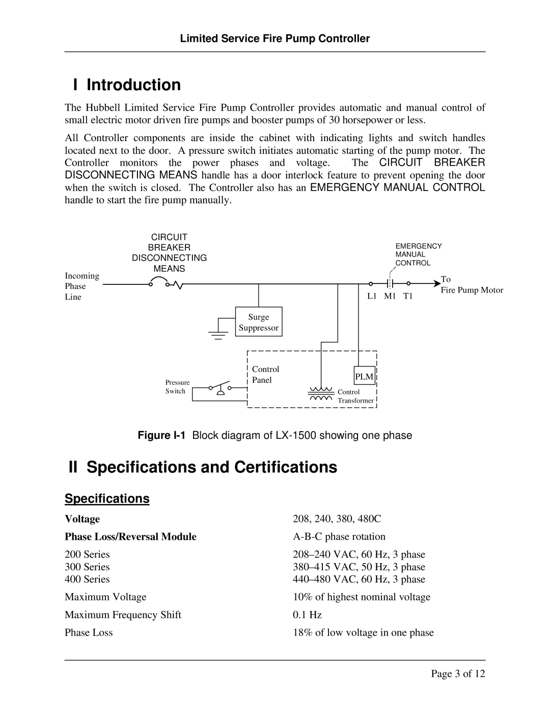 Hubbell LX-1500 instruction manual Introduction, II Specifications and Certifications 