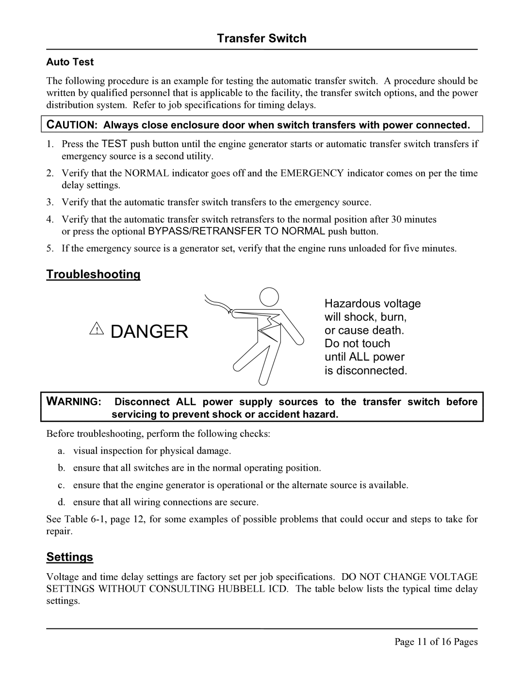 Hubbell LX-450, LX-440 instruction manual Troubleshooting, Settings, Auto Test 