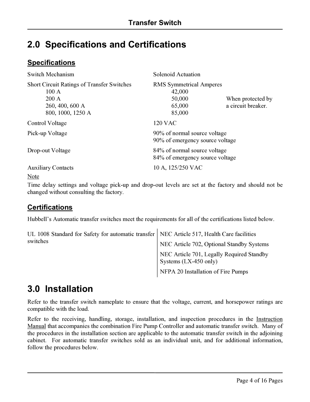 Hubbell LX-440, LX-450 instruction manual Specifications and Certifications, Installation 