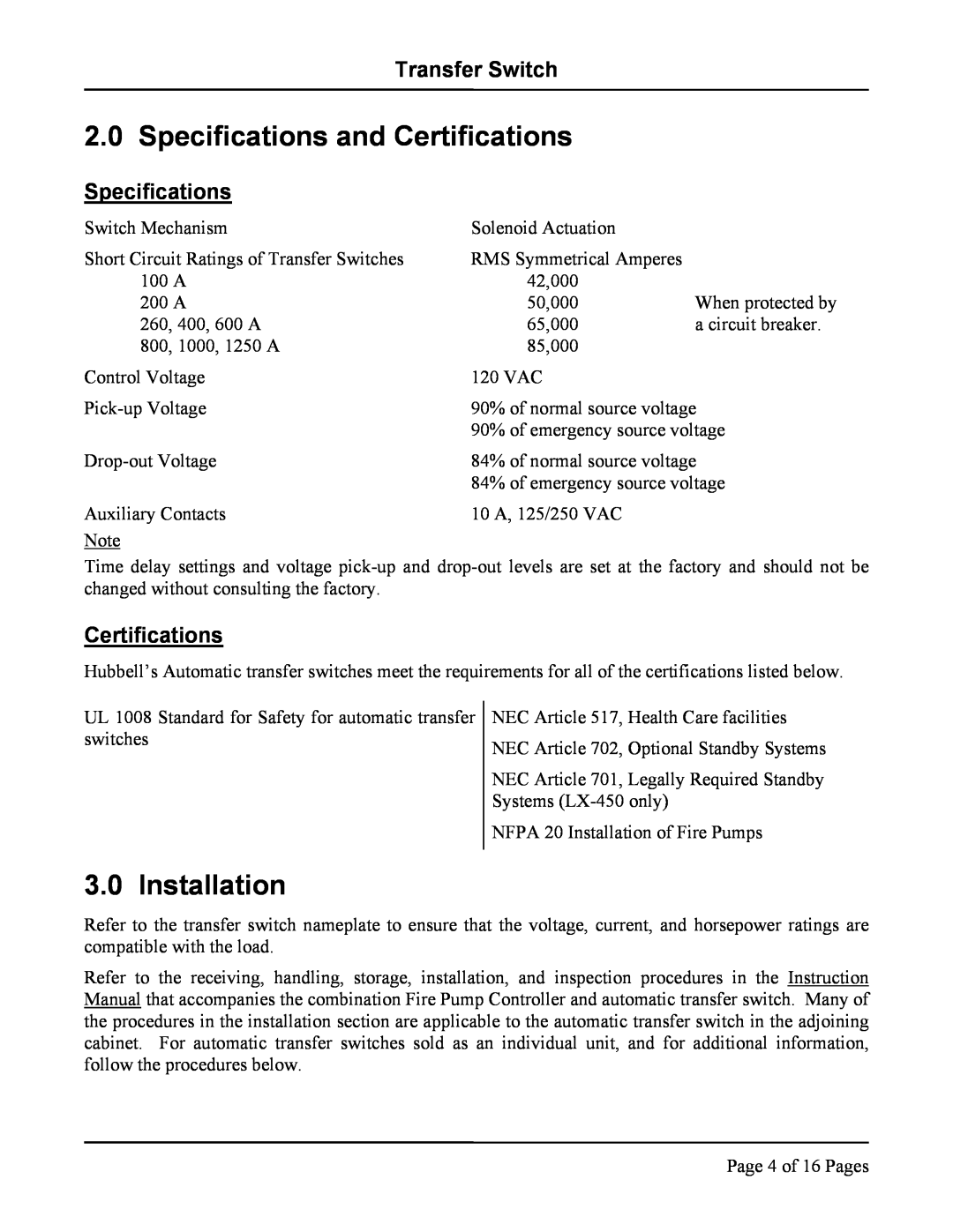 Hubbell LX-440, LX-450 instruction manual Specifications and Certifications, Installation, Transfer Switch 
