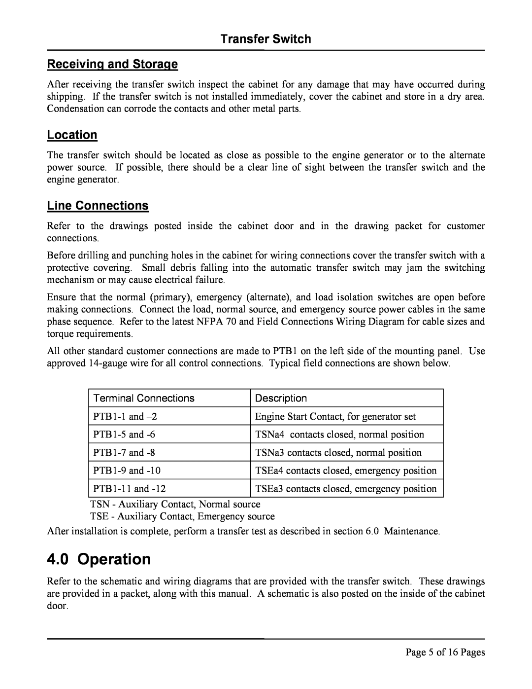 Hubbell LX-450, LX-440 instruction manual Operation, Transfer Switch Receiving and Storage, Location, Line Connections 