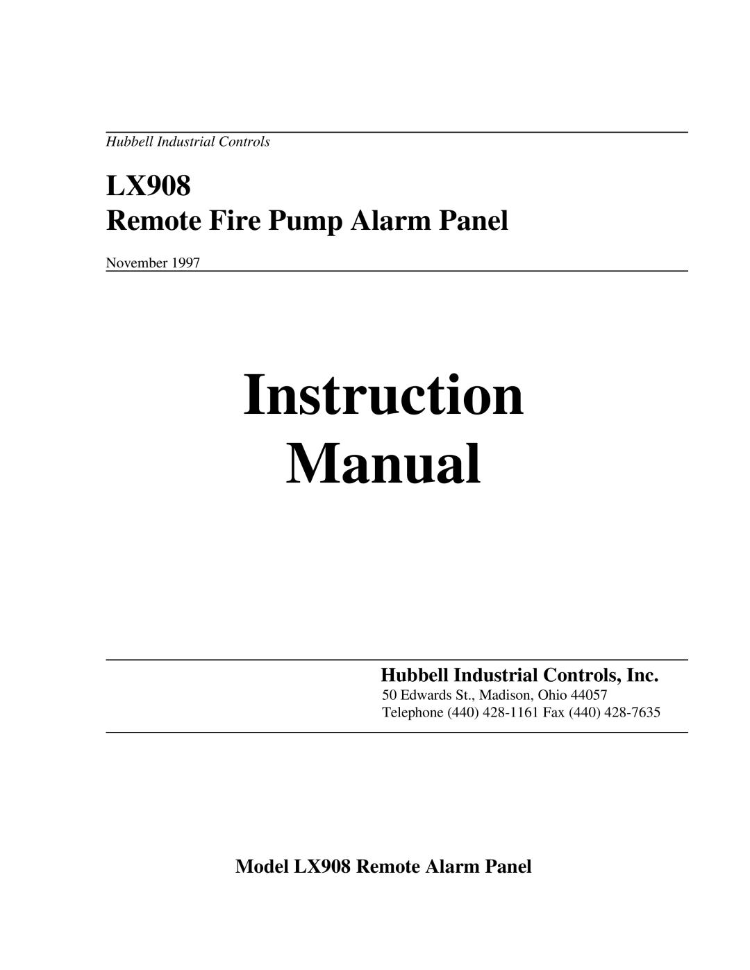 Hubbell instruction manual Instruction Manual, Hubbell Industrial Controls, Inc, Model LX908 Remote Alarm Panel 