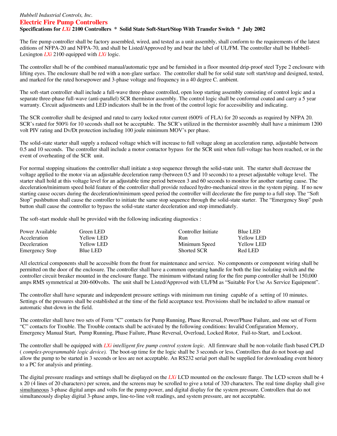 Hubbell LXi 2100 specifications Electric Fire Pump Controllers 