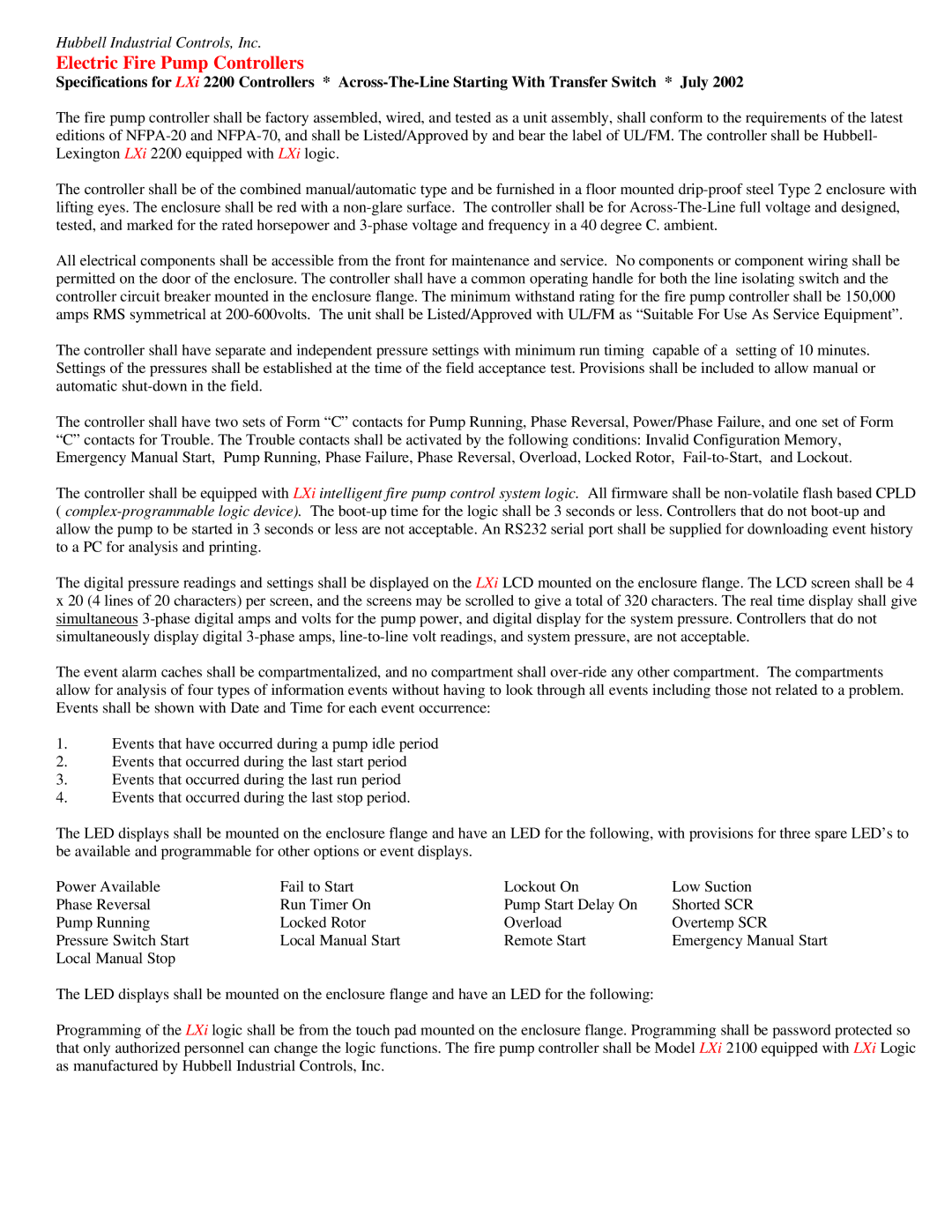 Hubbell LXi 2200 specifications Electric Fire Pump Controllers 