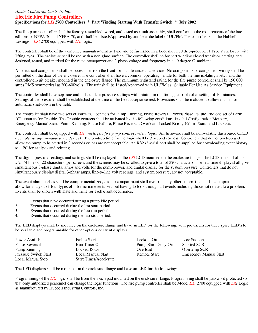 Hubbell LXi-2700 specifications Electric Fire Pump Controllers 