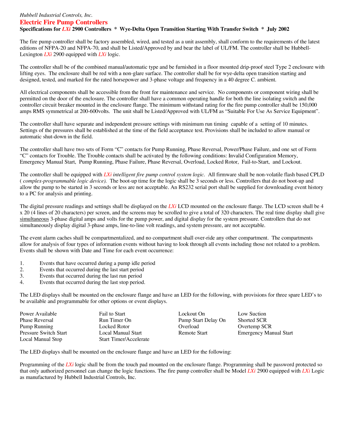 Hubbell LXi 2900 specifications Electric Fire Pump Controllers 