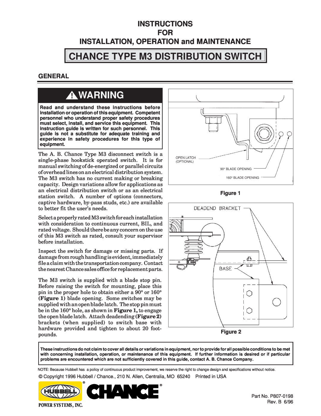 Hubbell specifications General, Power Systems, Inc, CHANCE TYPE M3 DISTRIBUTION SWITCH 