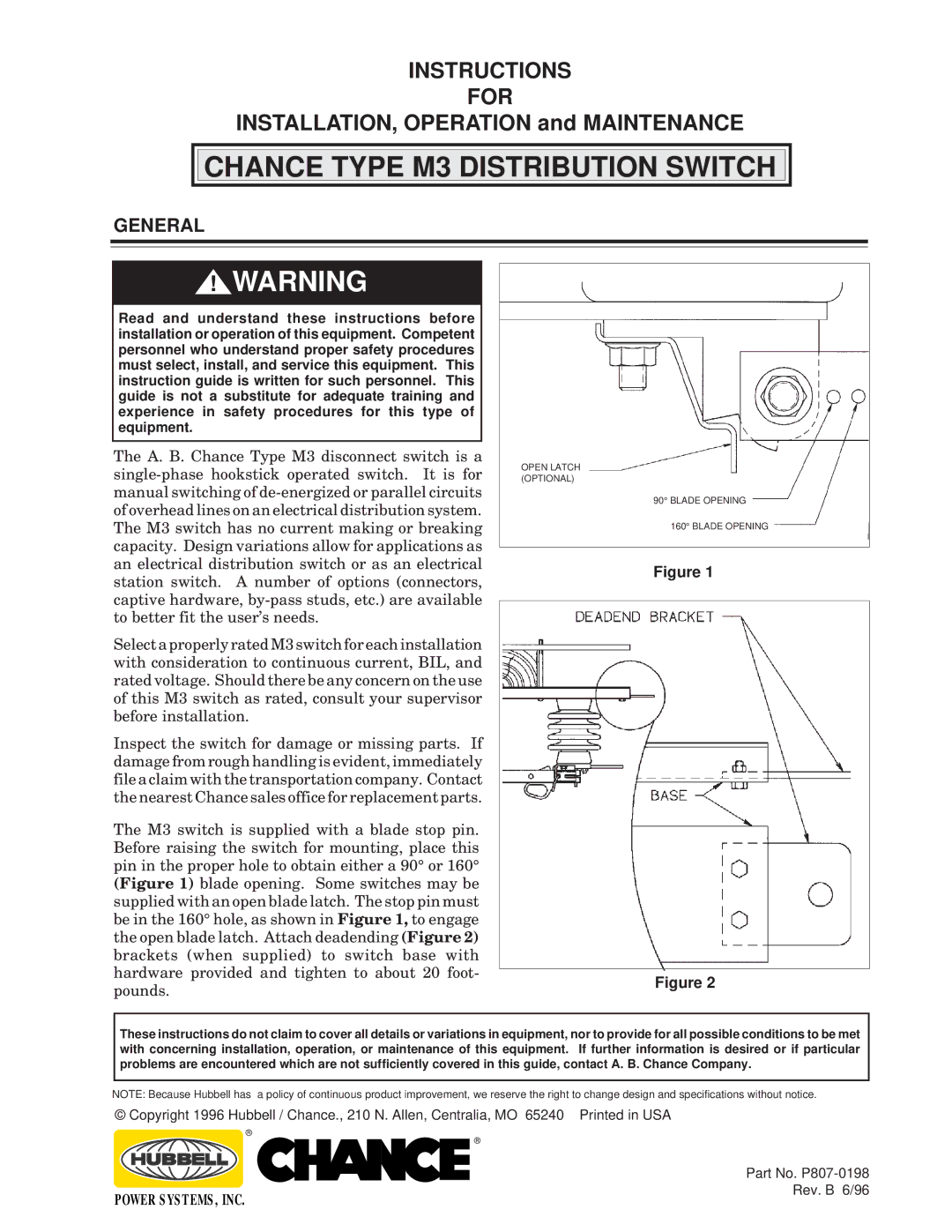 Hubbell specifications Chance Type M3 Distribution Switch, General 