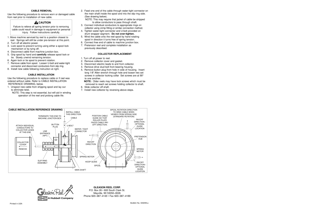 Hubbell MMD21 manual Cable Removal, Collector Replacement, Cable Installation Reference Drawing, Gleason Reel Corp 