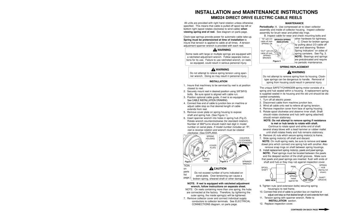 Hubbell MMD24 manual Installation, NOTE If reel is equipped with ratcheted adjustment, Maintenance, Spring Replacement 