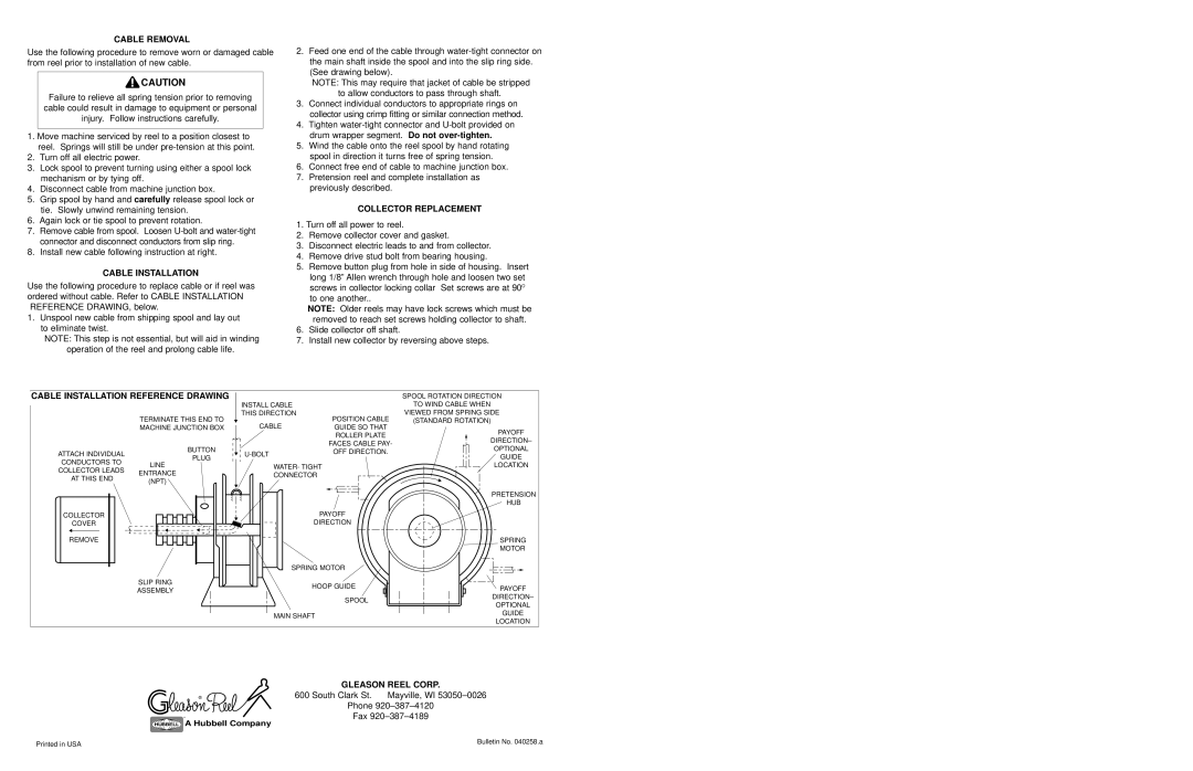 Hubbell MMD24 manual Cable Removal, Collector Replacement, Cable Installation Reference Drawing, Gleason Reel Corp 