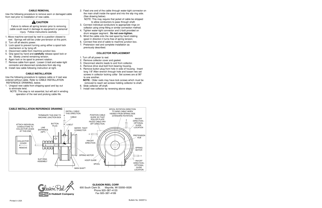 Hubbell MMD28 manual Cable Removal, Collector Replacement, Cable Installation Reference Drawing, Gleason Reel Corp 