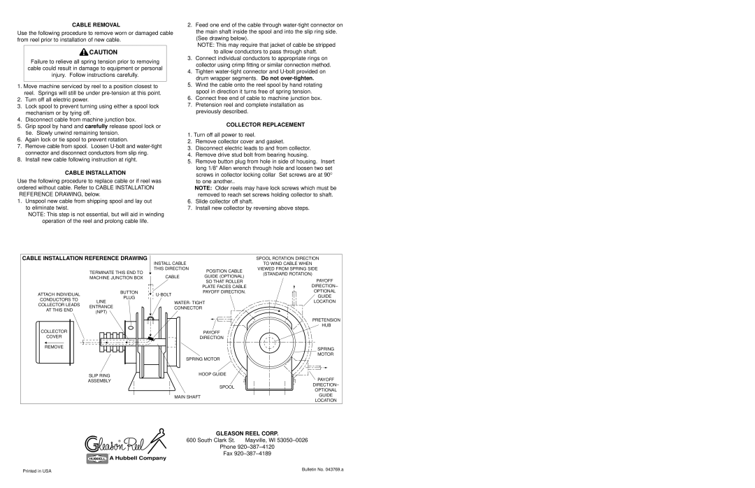 Hubbell MMD32 manual Cable Removal, Collector Replacement, Cable Installation Reference Drawing, Gleason Reel Corp 