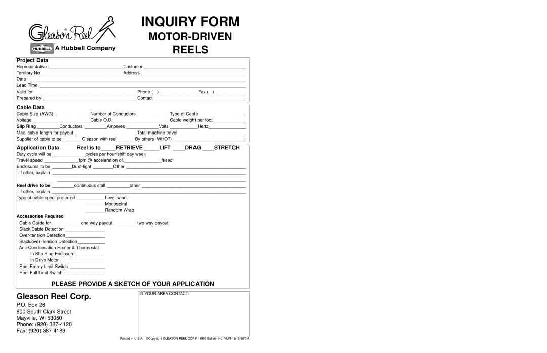 Hubbell Motor Driven Electric Cable Reels manual Inquiry Form 