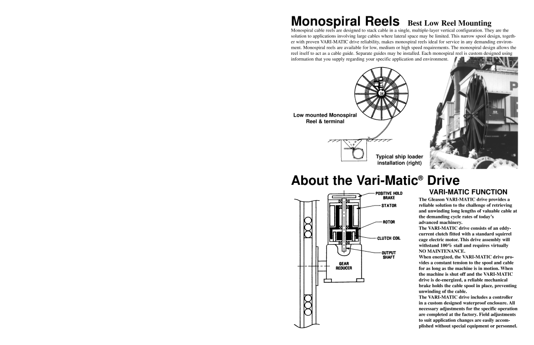 Hubbell Motor Driven Electric Cable Reels manual About the Vari-Matic Drive, Monospiral Reels Best Low Reel Mounting 