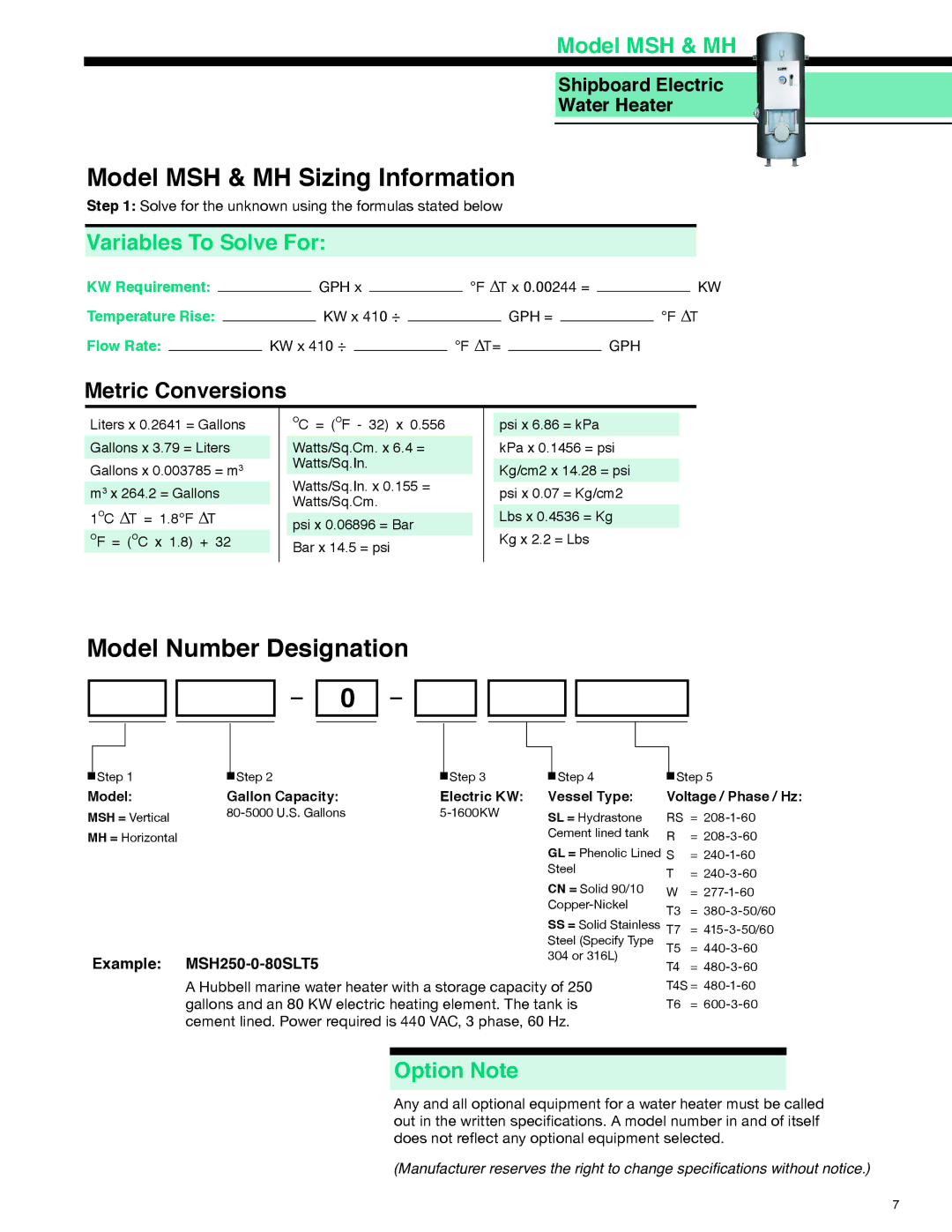 Hubbell manual Model MSH & MH Sizing Information, Model Number Designation, Variables To Solve For, Option Note 