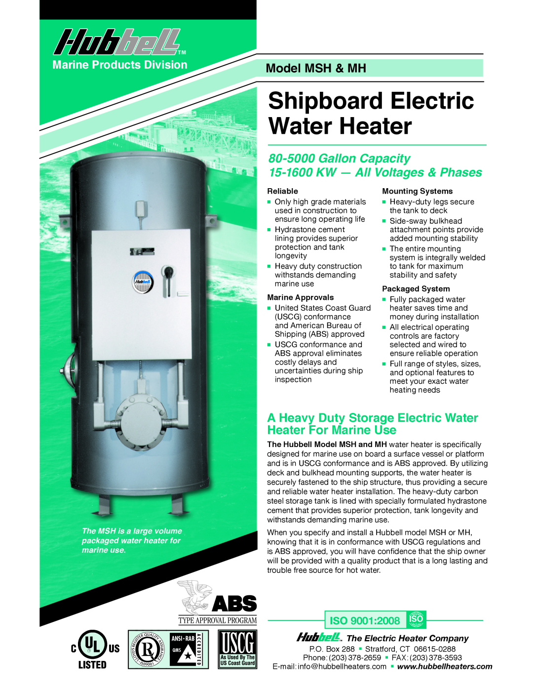Hubbell manual Model MSH & MH, Shipboard Electric Water Heater, 80-5000Gallon Capacity, Marine Products Division 
