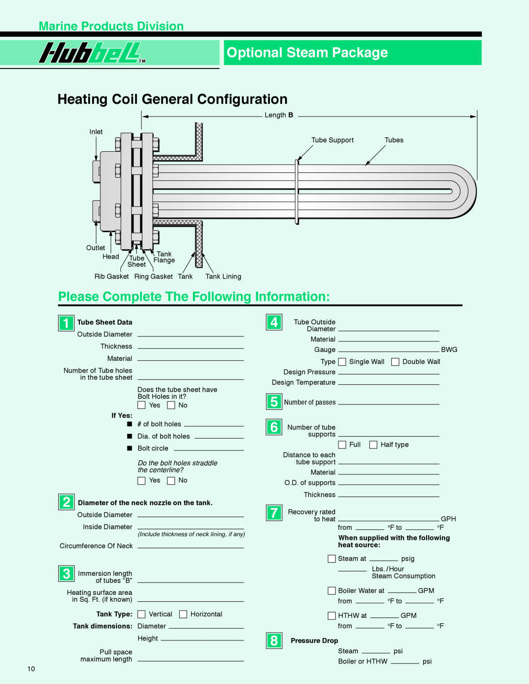Hubbell MSH, MH manual Heating Coil General Configuration, MarineProductsDivisionDivision, Optional Steam Package, If Yes 