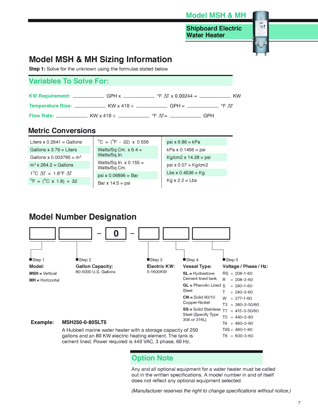 Hubbell manual Model MSH & MH Sizing Information, Model Number Designation, Variables To Solve For, Metric Conversions 