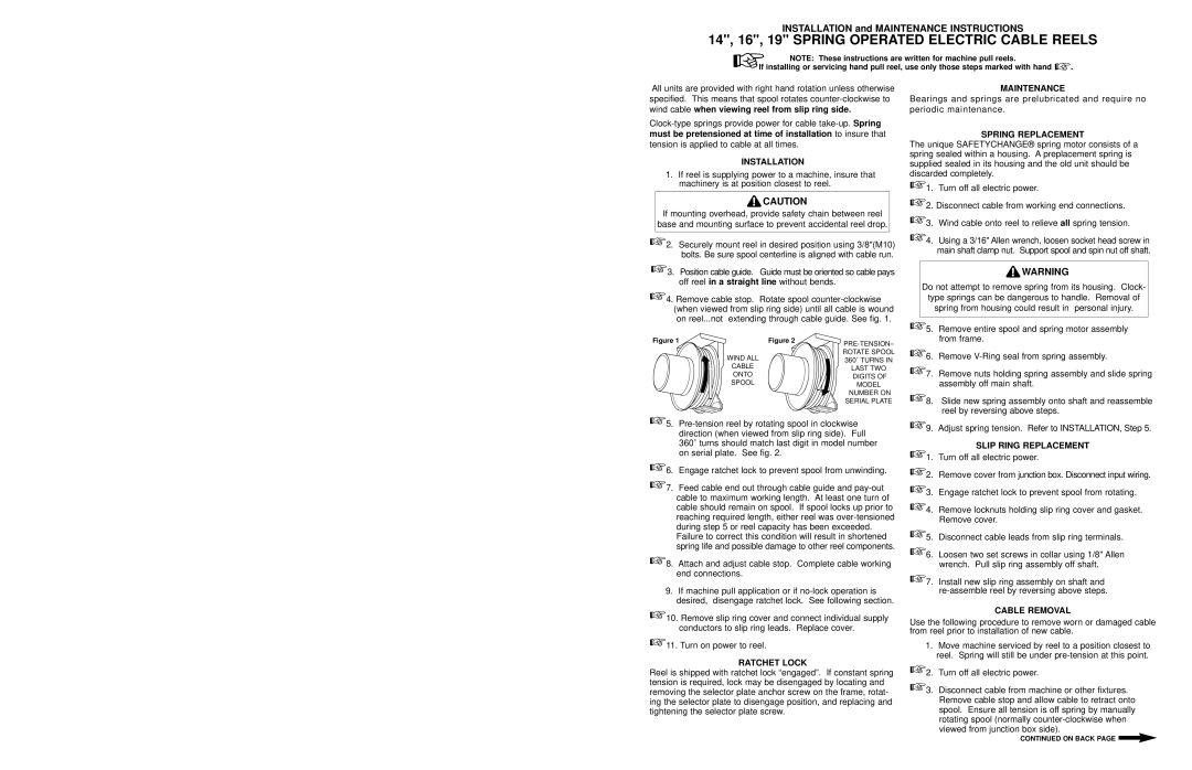 Hubbell None manual Installation, Ratchet Lock, Maintenance, Spring Replacement, Cable Removal 