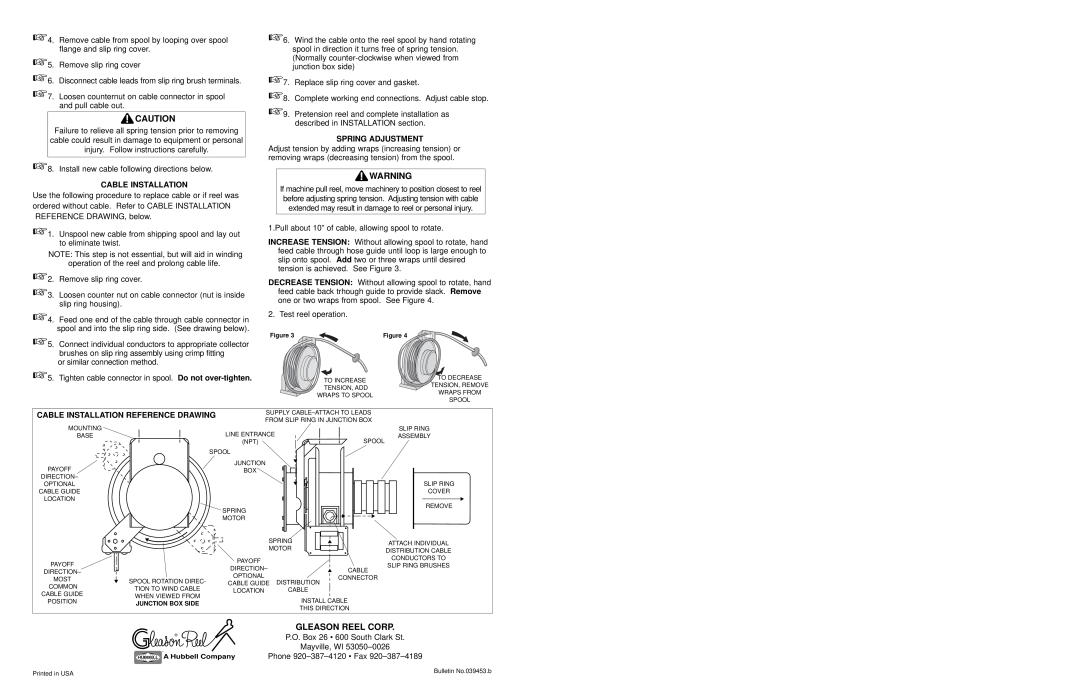Hubbell None manual Gleason Reel Corp, Spring Adjustment, Cable Installation Reference Drawing 