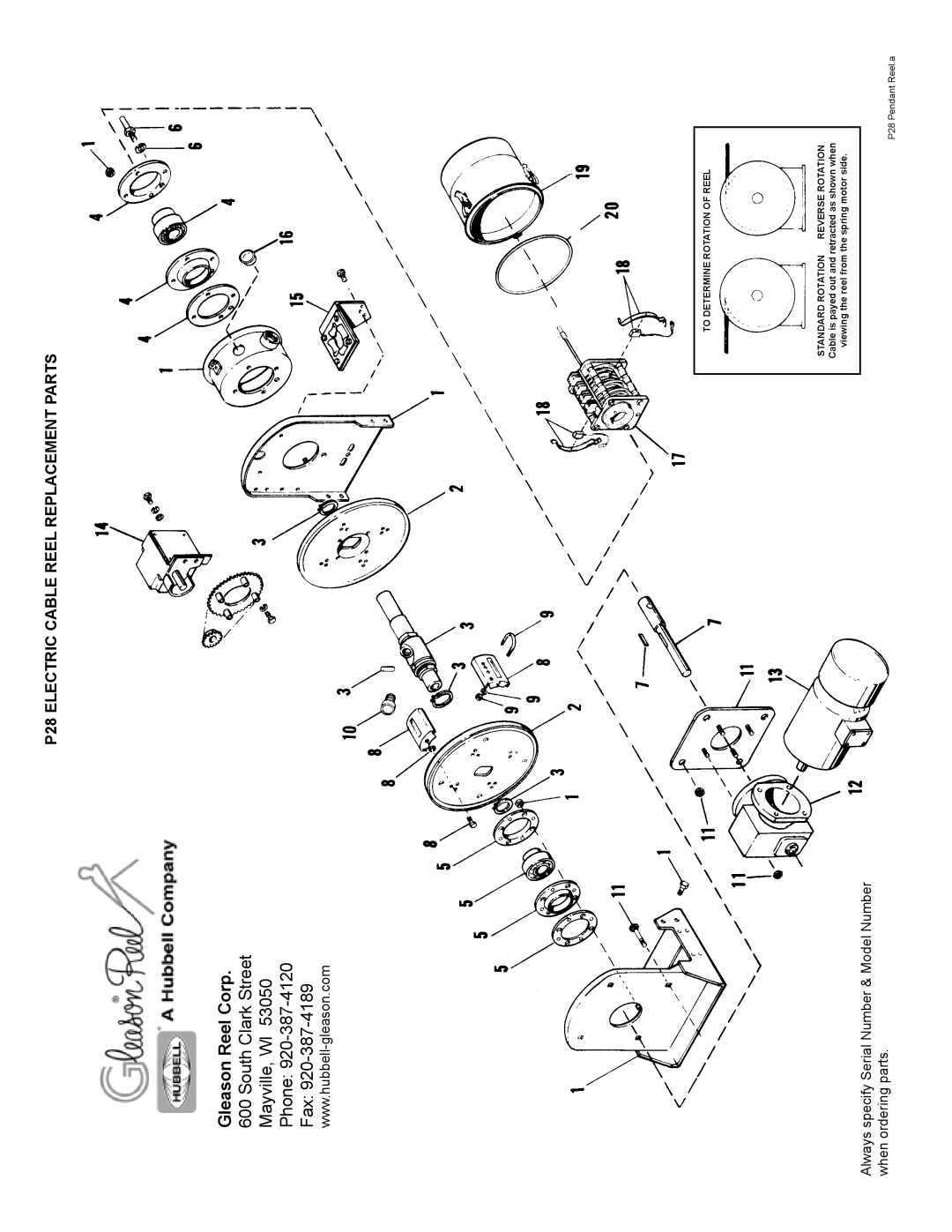 Hubbell P28 manual Gleason Reel Corp, South Clark Street Mayville, WI Phone Fax, To Determine Rotation of Reel 