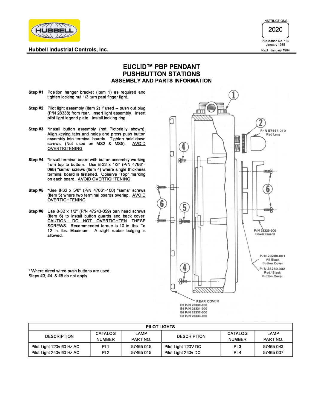 Hubbell PBP Pendant manual Hubbell Industrial Controls, Inc, Assembly And Parts Information, 2020, Pilot Lights 