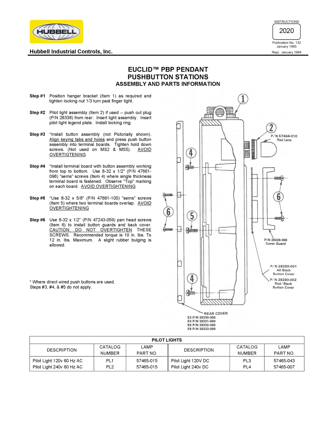 Hubbell manual Euclid PBP Pendant Pushbutton Stations, Assembly and Parts Information, Pilot Lights 