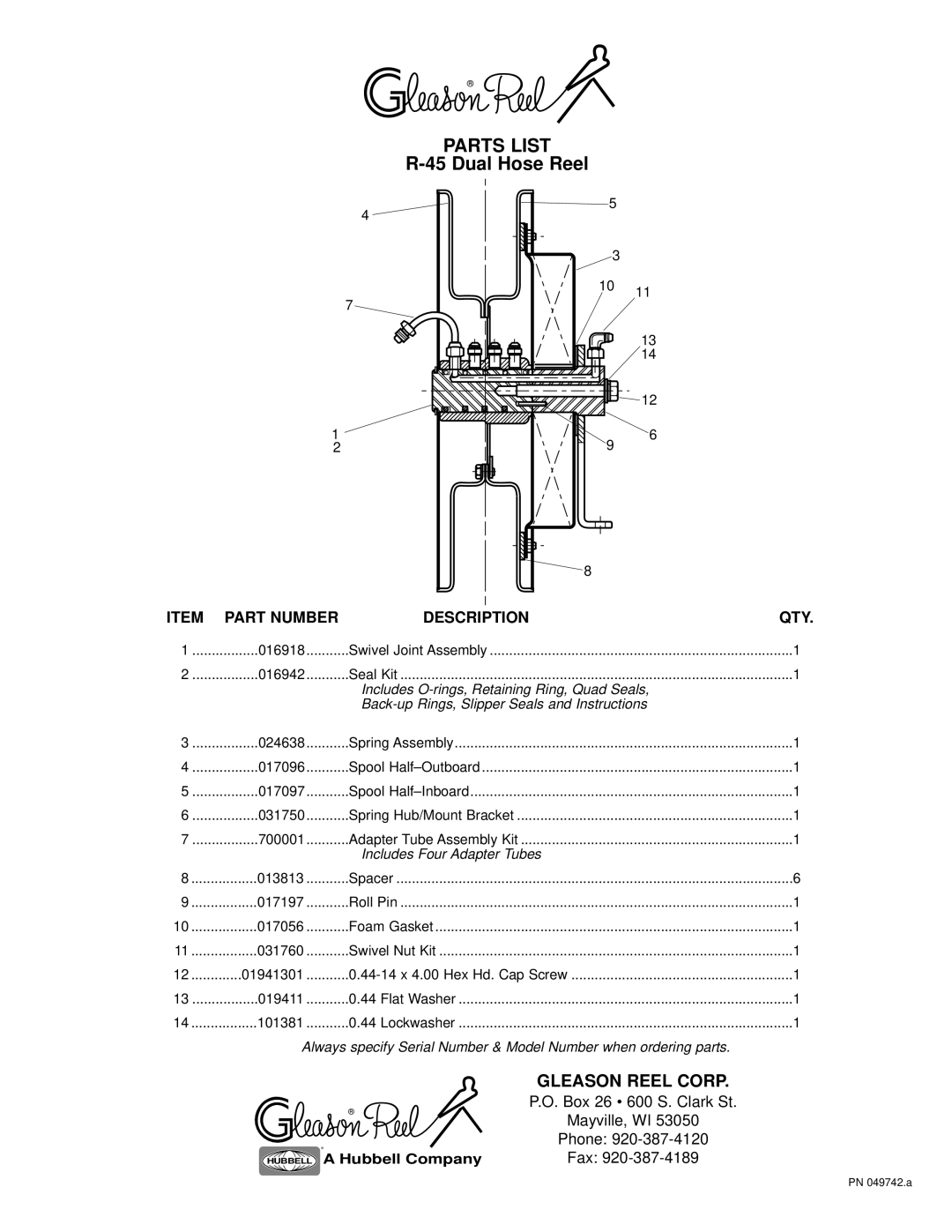 Hubbell R-45 manual Parts List, Dual Hose Reel, Part Number Description, Qty, Includes Four Adapter Tubes 