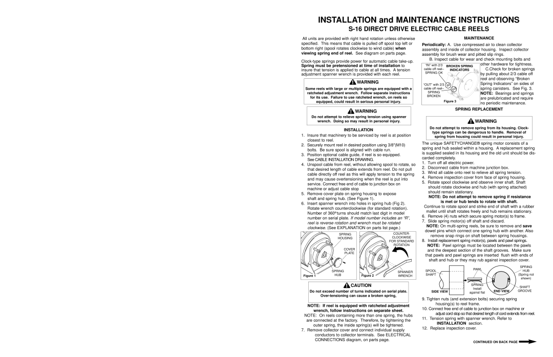 Hubbell S-16 manual Installation, Maintenance, Spring Replacement 