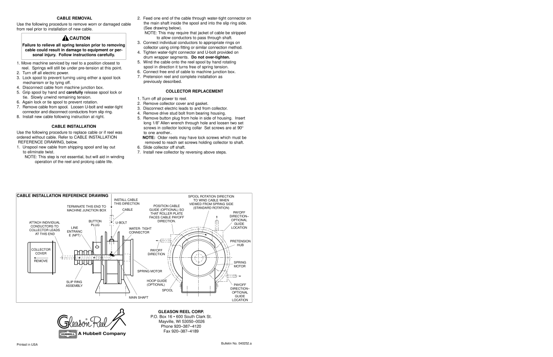 Hubbell S-16 manual Cable Removal, Collector Replacement, Cable Installation Reference Drawing, Gleason Reel Corp 