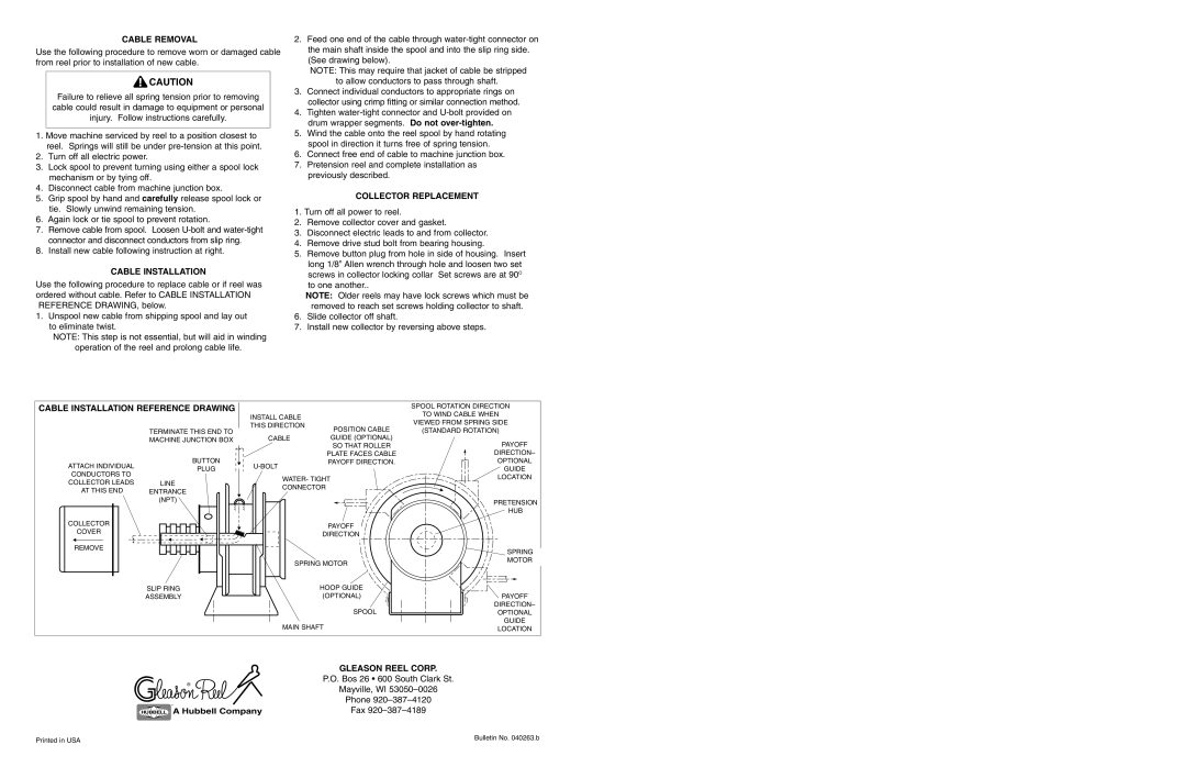 Hubbell S-18 manual Cable Removal, Collector Replacement, Cable Installation Reference Drawing, Gleason Reel Corp 