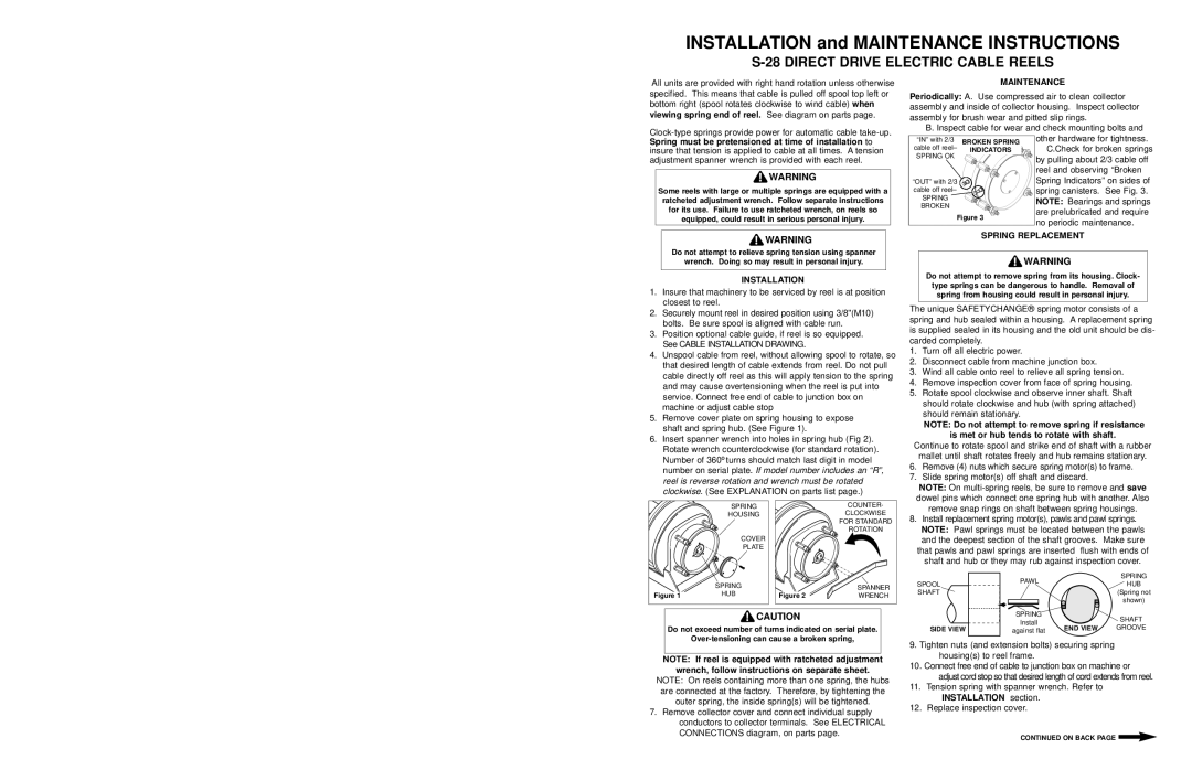 Hubbell S-28 manual Installation, Maintenance, Spring Replacement 