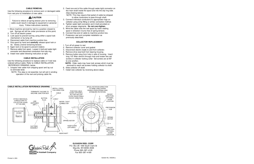 Hubbell S-28 manual Cable Removal, Collector Replacement, Cable Installation Reference Drawing, Gleason Reel Corp 