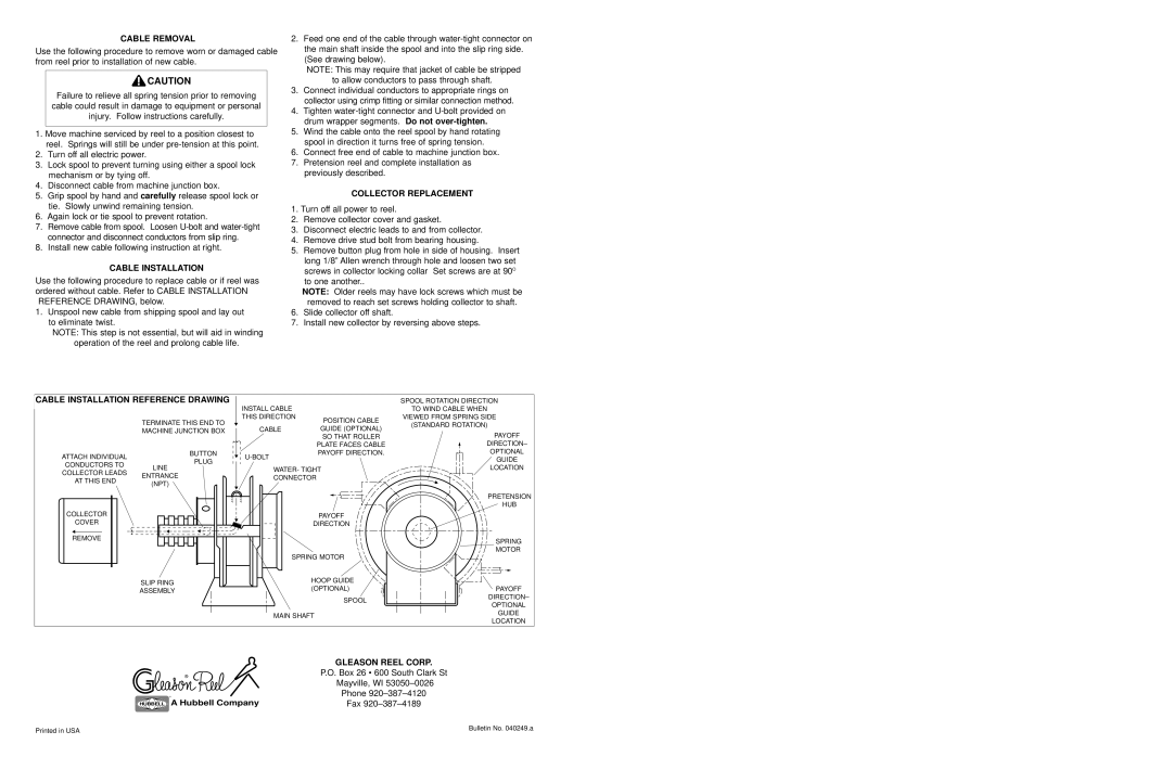 Hubbell S-28 manual Cable Removal, Collector Replacement, Cable Installation Reference Drawing, Gleason Reel Corp 